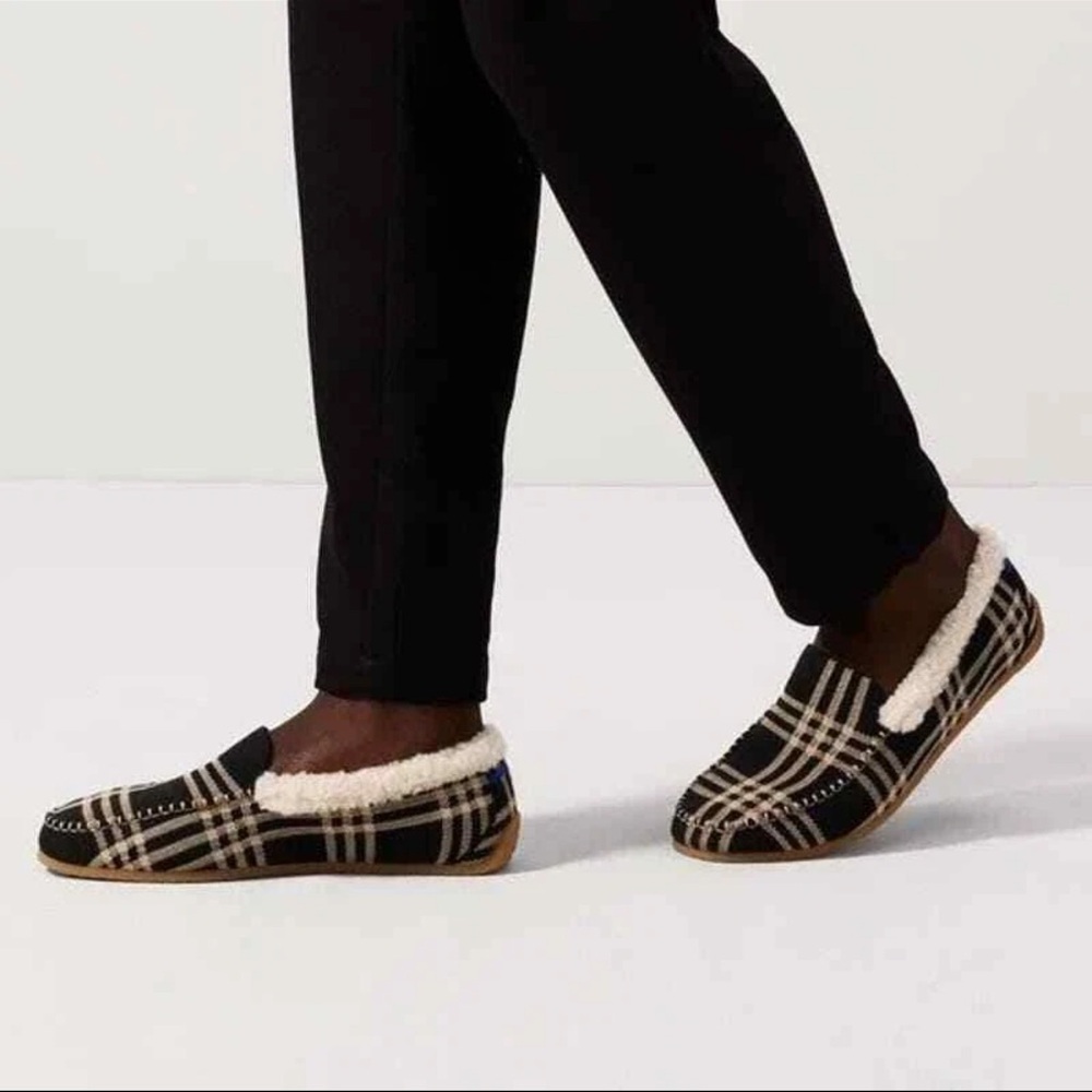Rothy's The Slipper black tan plaid Sherpa Lined Slip-On Slipper‎ Shoes Sz 7